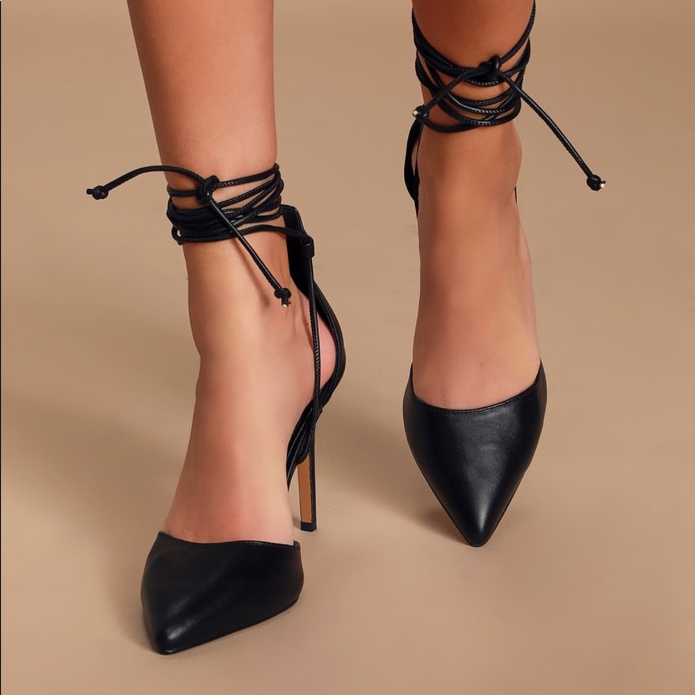 RAFAELA BLACK POINTED-TOE LACE-UP HEELS